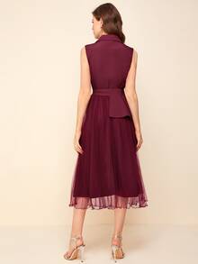 SHEIN 西裝領紐扣腰帶百褶網紗淺色水洗連衣裙 - 酒紅色 - 查看 2