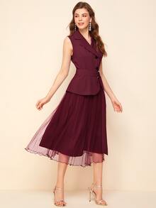 SHEIN 西裝領紐扣腰帶百褶網紗淺色水洗連衣裙 - 酒紅色 - 查看 4