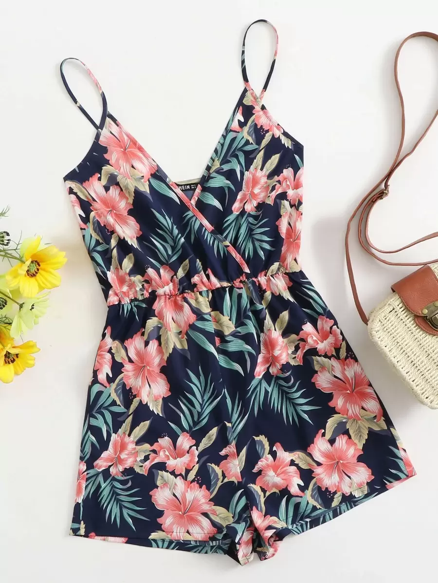 SHEIN VCAY Surplice Neck Tropical Print Slip Romper - Multicolor - View 1