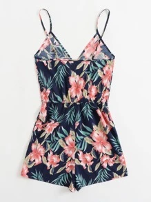 SHEIN VCAY Surplice Neck Tropical Print Slip Romper - Multicolor - View 2