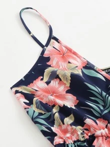 SHEIN VCAY Surplice Neck Tropical Print Slip Romper - Multicolor - View 4