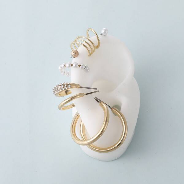 

9pcs Faux Pearl Earrings Set, Gold
