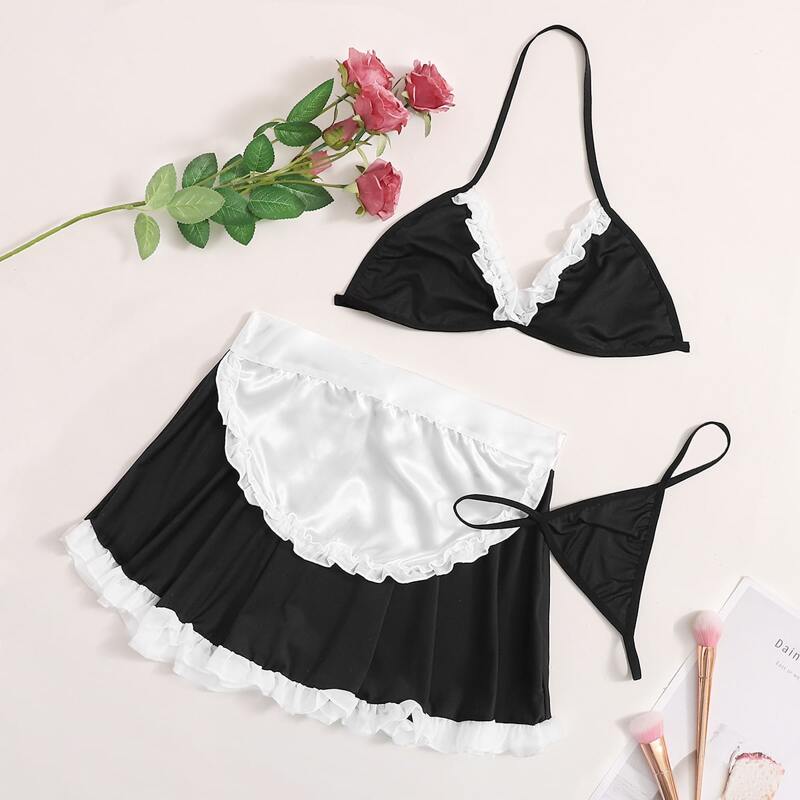 

Ruffle Hem Uniform Sexy Set With Thong, Black and white