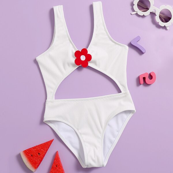 

Toddler Girls Rib Flower Decor One Piece Swimsuit, White