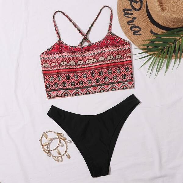 

Aztec Print High Leg Bikini Swimsuit, Multicolor