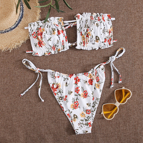 

Floral Ruched Bandeau Tie Side Bikini Swimsuit, Multicolor
