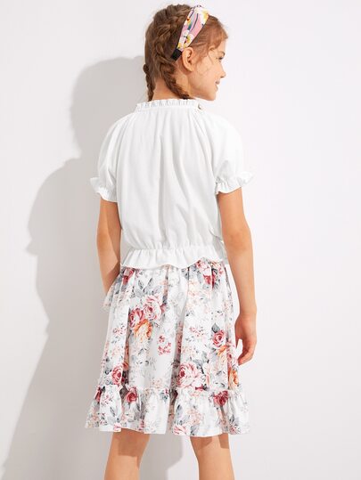 Girls Frilled Puff Sleeve Floral Embroidered Peplum Top & Wrap Skirt Set