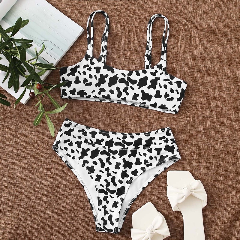 

Cow Print High Waist Bikini Swimsuit, Black and white