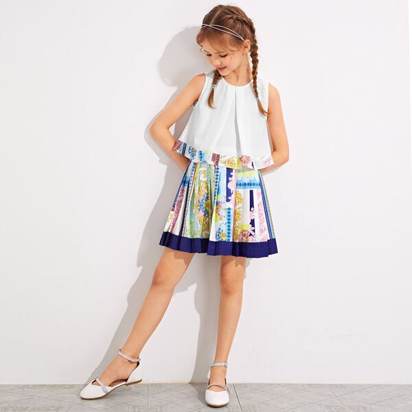 

Girls Fold Pleated Baroque Sleeveless Top & Pleated Skirt Set, Multicolor