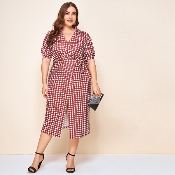 

Plus Shawl Collar Knot Side Houndstooth Dress, Maroon
