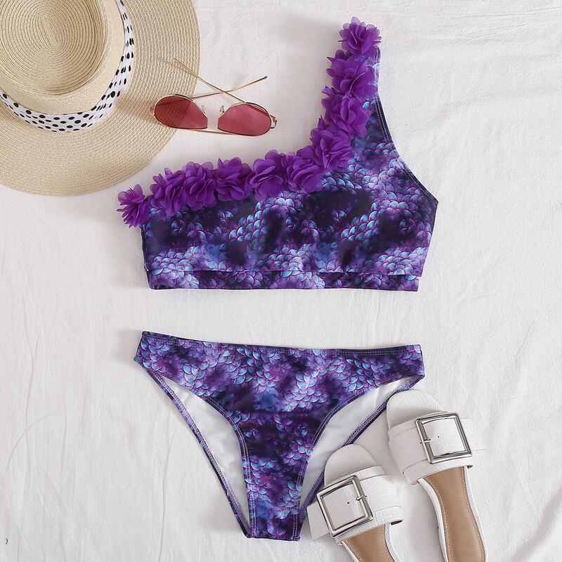 

Fish Scale Print Appliques Bikini Swimsuit, Purple