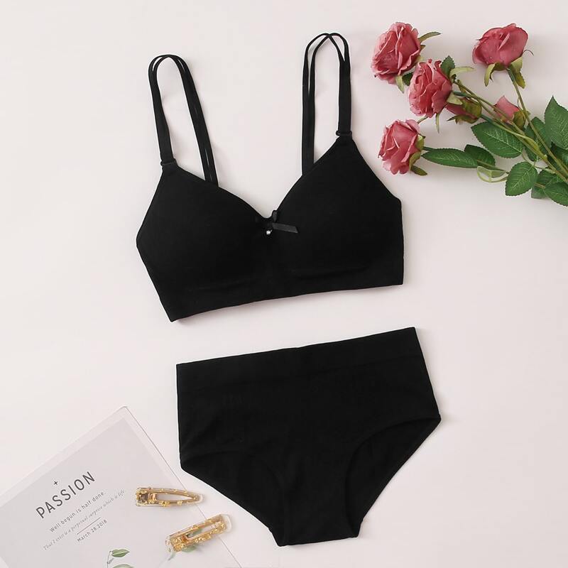 

Solid Ribbed Lingerie Set, Black