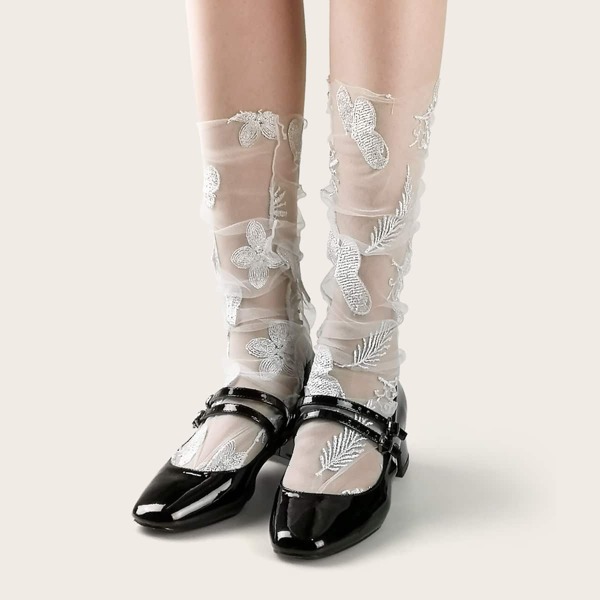 

Flower Embroidery Mesh Socks, Grey