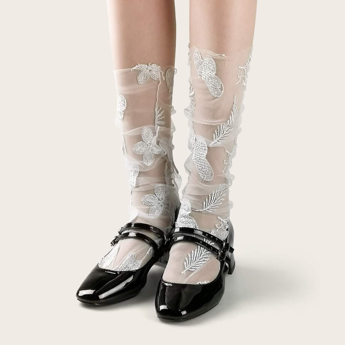 

Flower Embroidery Mesh Socks, Grey