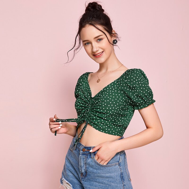 

Polka Dot Drawstring Crop Top, Green