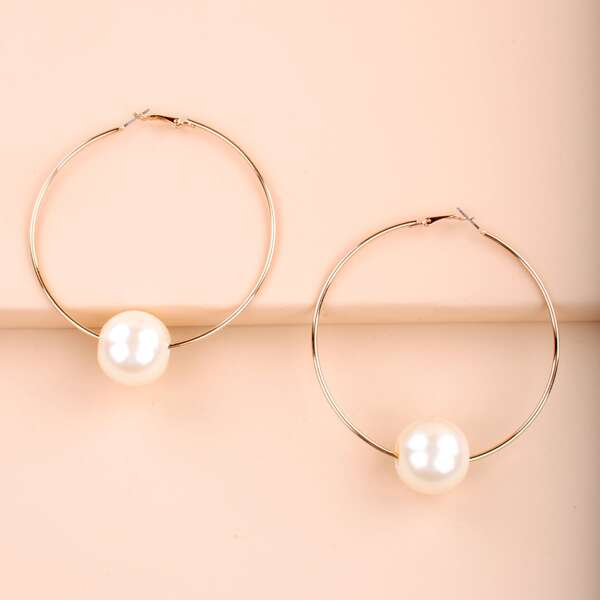 

Faux Pearl Hoop Earrings, Gold