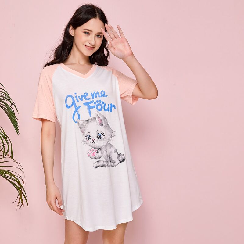 

Cartoon Cat Night Dress, White