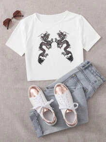 Dragon Print Crop Tee - White - View 1