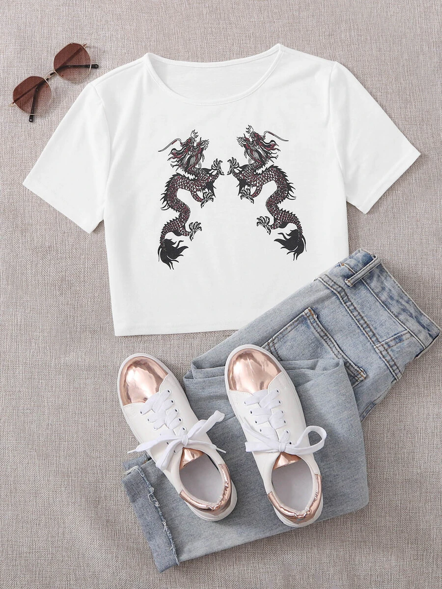 Dragon Print Crop Tee - White - View 1
