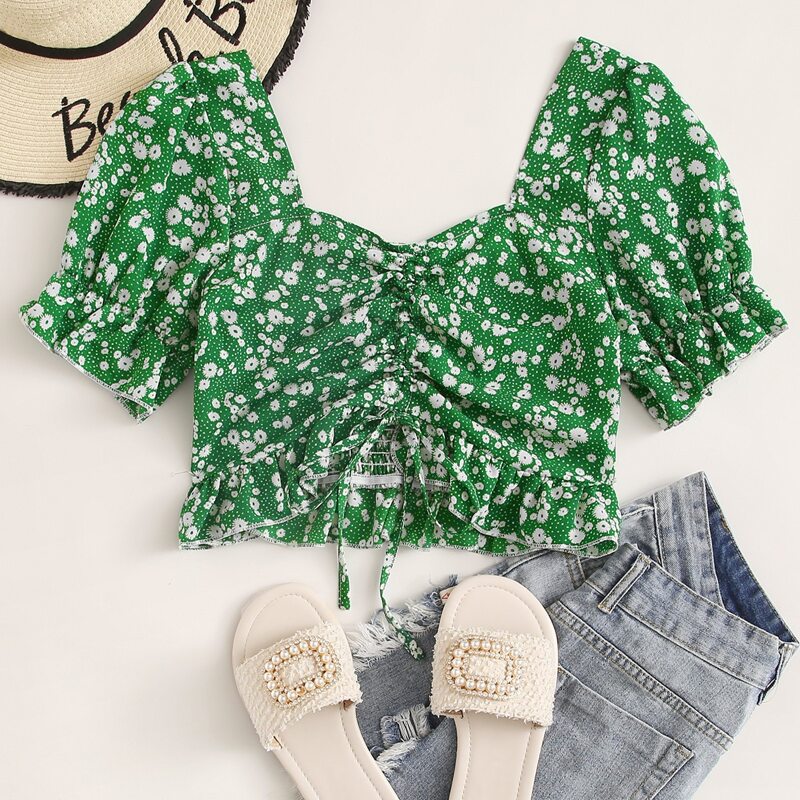 

Ditsy Floral Drawstring Crop Top, Green