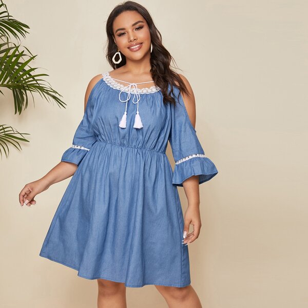 

Plus Crochet Panel Tie Neck Cold Shoulder Denim Dress, Medium wash