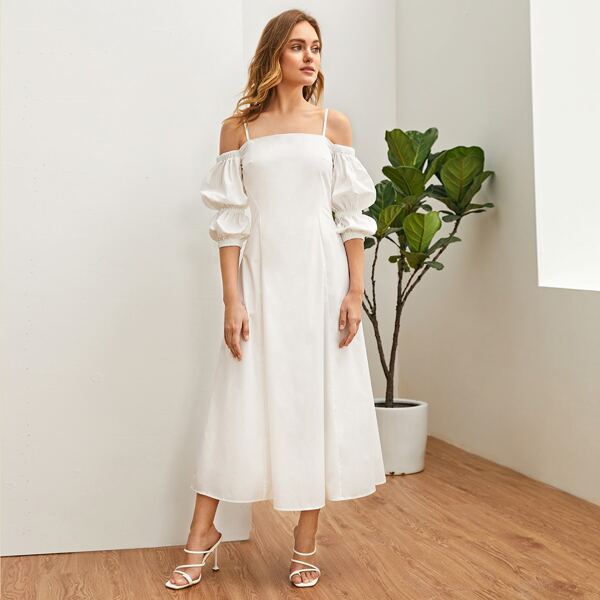 

Cold Shoulder Elastic Sleeve Solid Dress, White