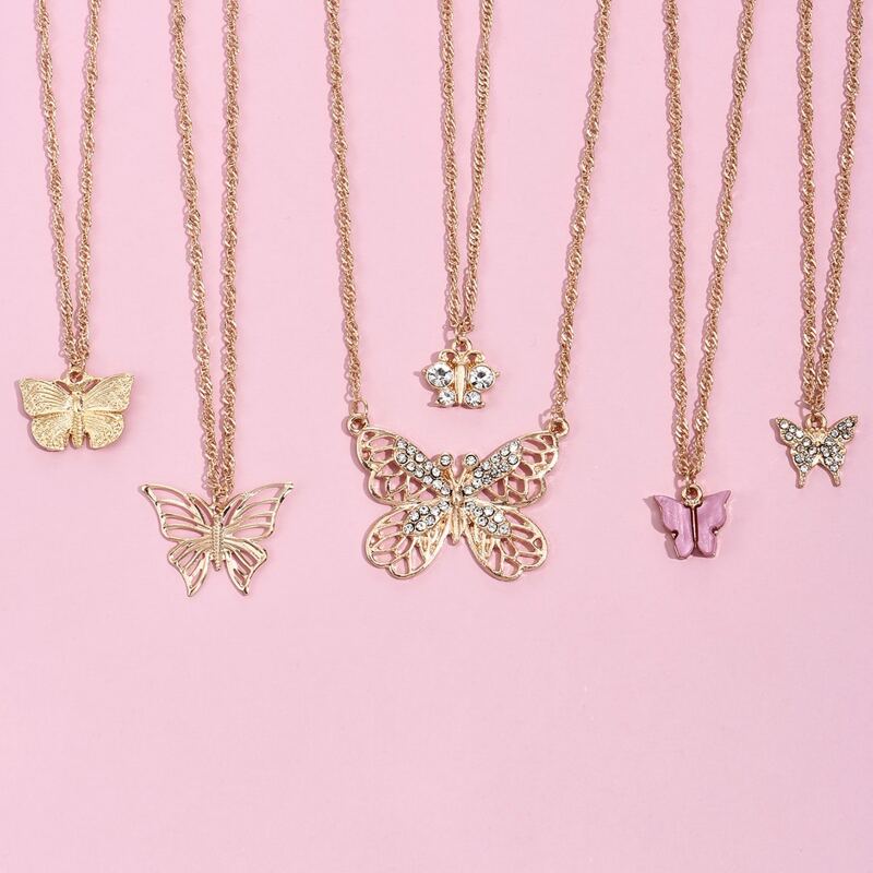 

6pcs Butterfly Charm Necklace, Gold