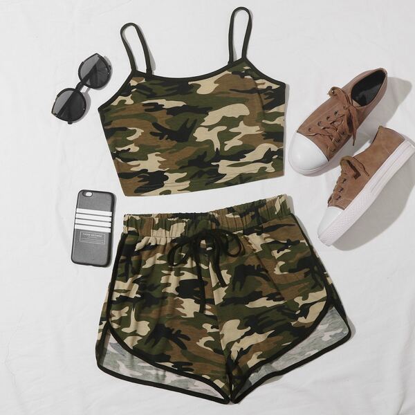 

Camo Cami Top & Dolphin Shorts Set, Multicolor