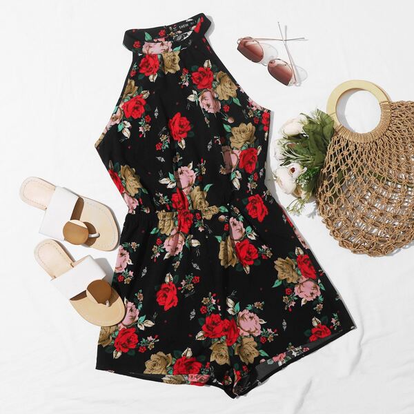 

Floral Print Halter Romper, Black