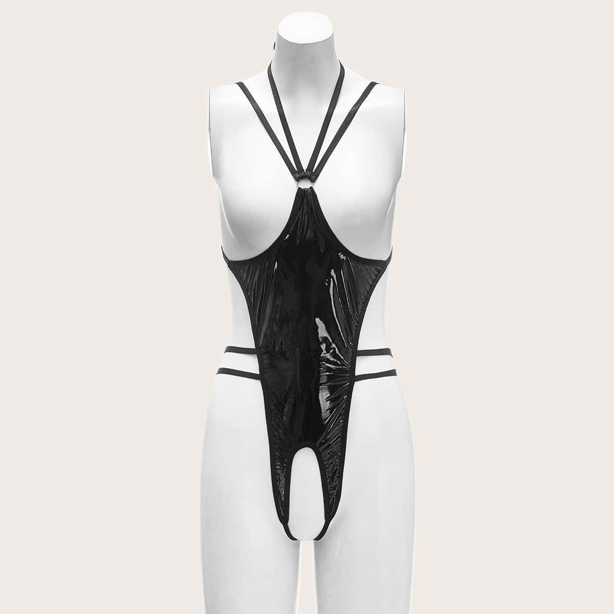 

Faux Leather Halter Teddy Bodysuit, Black