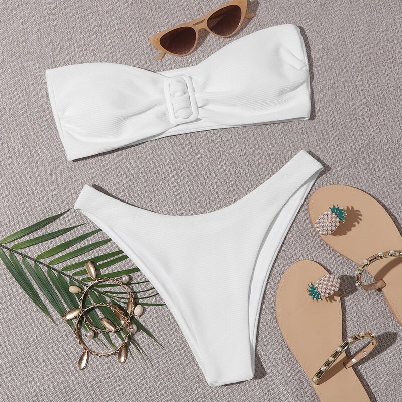 

Rib Buckle Bandeau High Leg Bikini Swimsuit, White