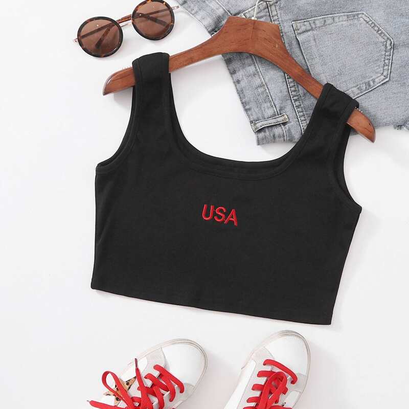 

Letter Embroidery Crop Tank, Black