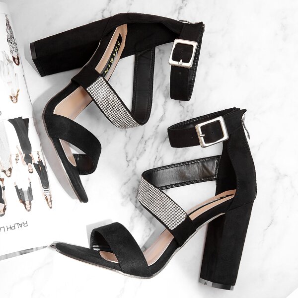 

Rhinestone Decor Ankle Strap Chunky Heels, Black