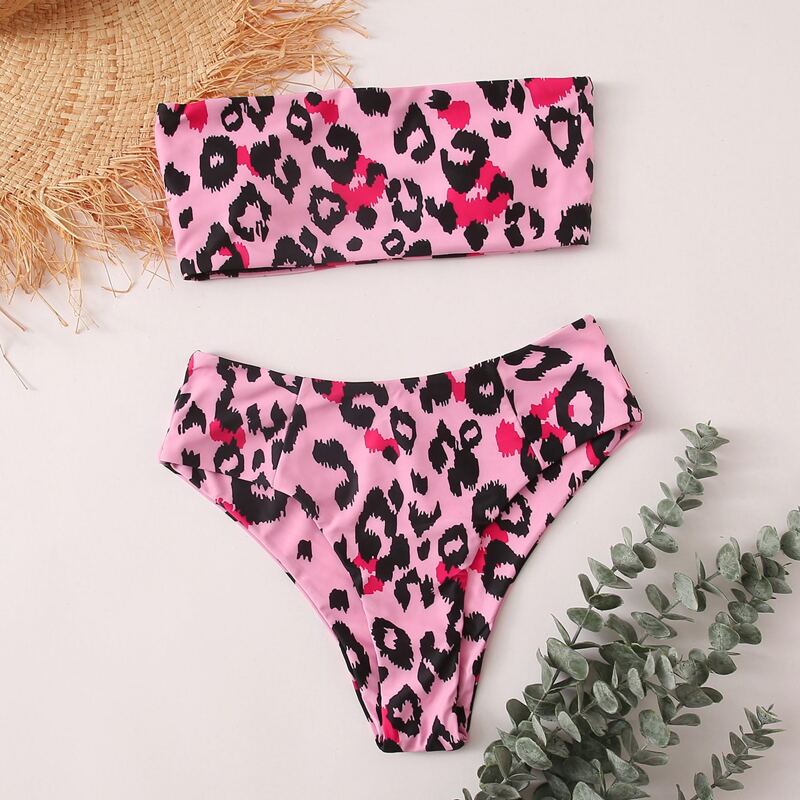 

Leopard Bandeau High Waisted Bikini Swimsuit, Multicolor