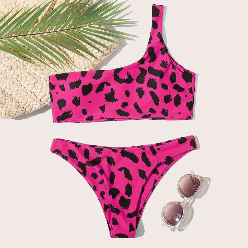 

Allover Print One Shoulder Bikini Swimsuit, Red violet
