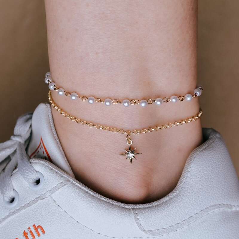 

2pcs Faux Pearl Decor Anklet, Gold