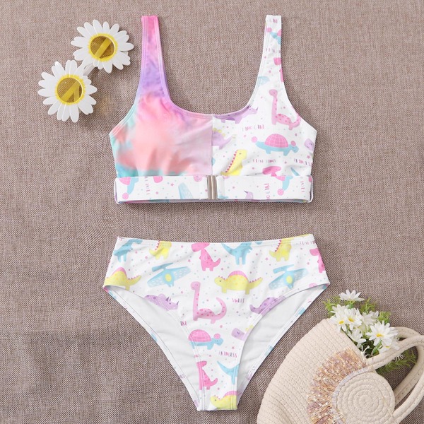 

Cartoon Dinosaur Belted Bikini Swimsuit, White
