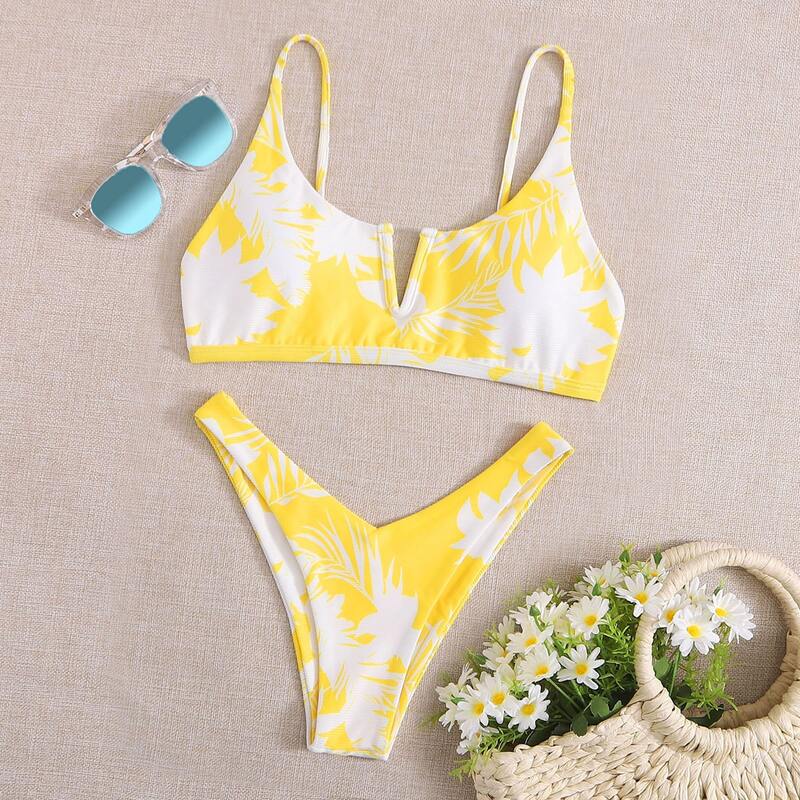 

Leaf Print V Wired High Cut Bikini Swimsuit, Yellow bright