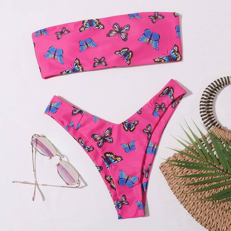 

Random Butterfly Bandeau Bikini Swimsuit, Hot pink