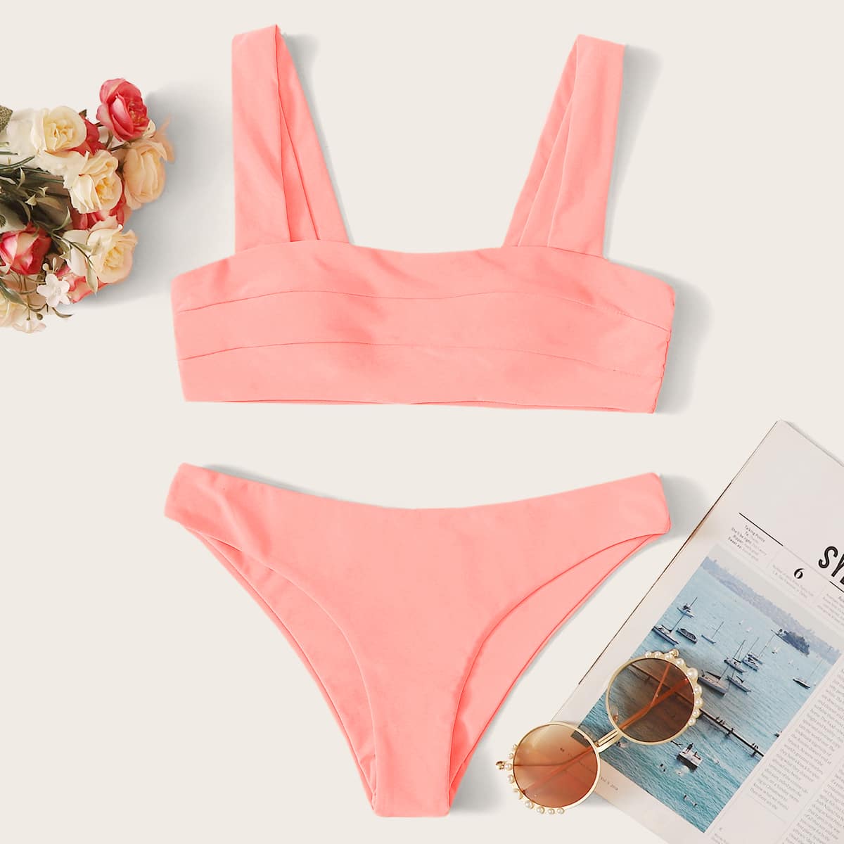 

Seam Cheeky Bikini Swimsuit, Coral pink