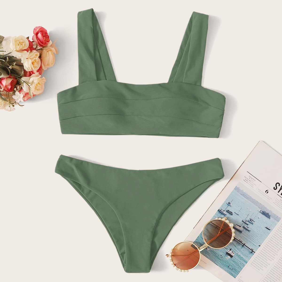 

Seam Cheeky Bikini Swimsuit, Army green