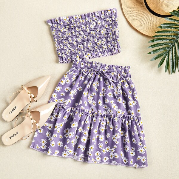

Floral Print Shirred Tube Top & Paper Bag Waist Skirt, Violet purple