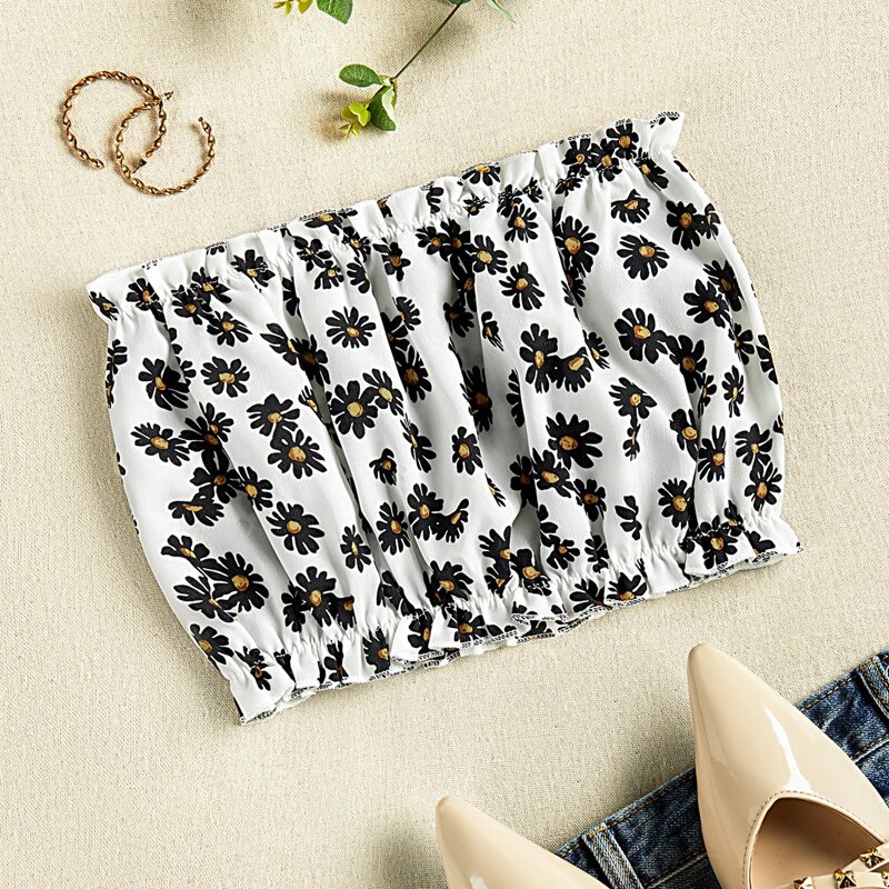 

Floral Print Frill Trim Tube Top, Multicolor