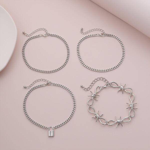 

4pcs Lock Charm Anklet, Silver