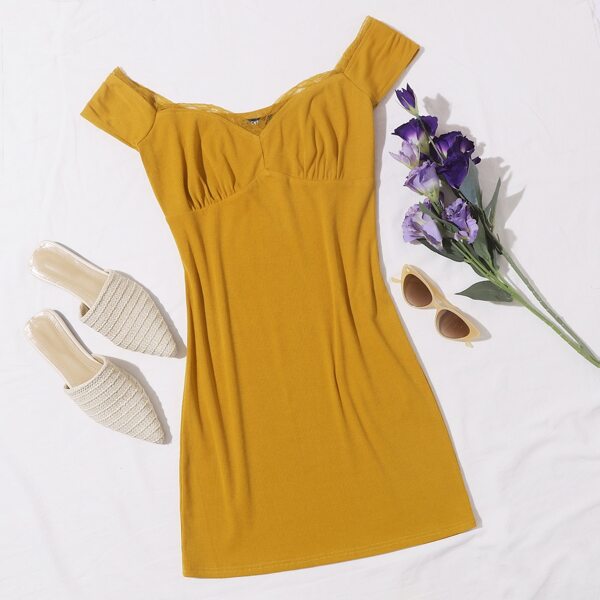 

Lace Trim Ruched Bust Rib-knit Dress, Mustard yellow