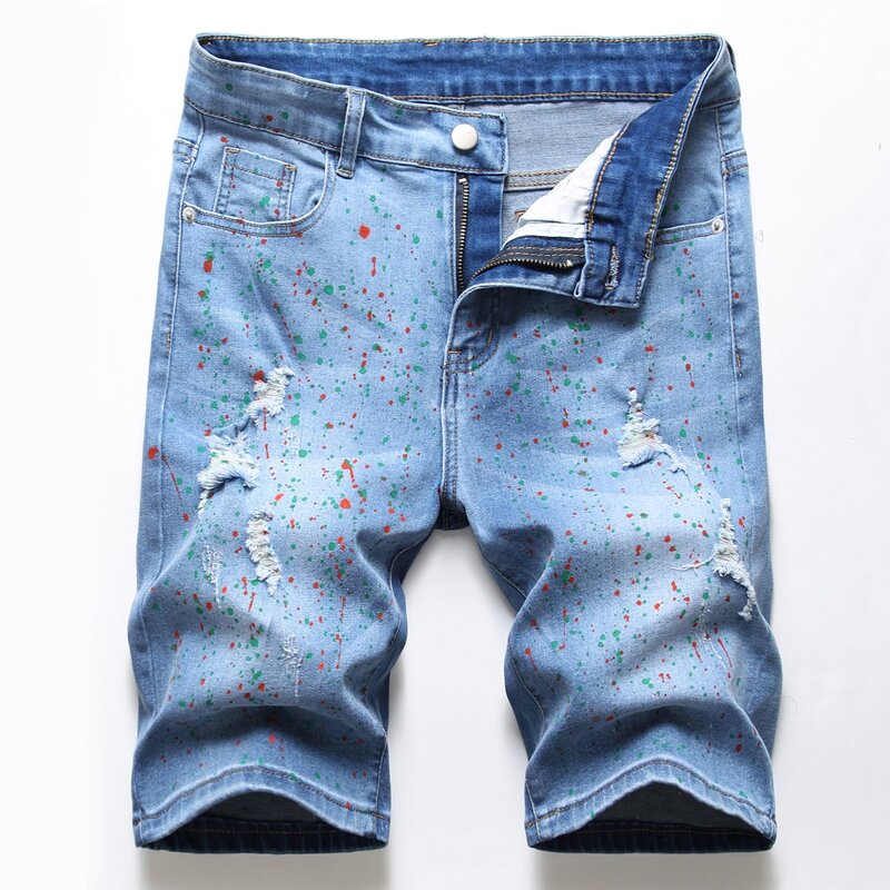 

Guys Spray Paint Ripped Denim Shorts, Medium wash