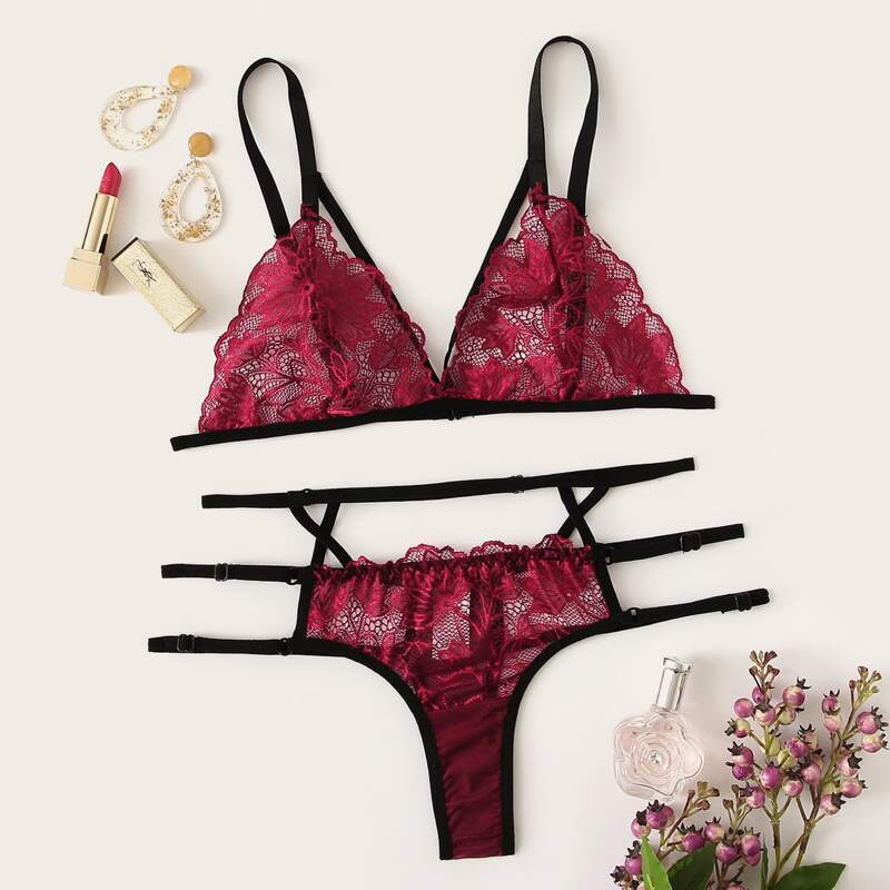 

Floral Lace Lingerie Set, Burgundy