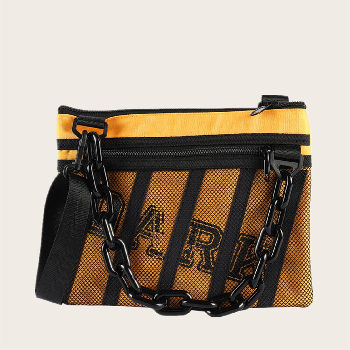 

Guys Chain Decor Mesh Pocket Front Crossbody Bag, Yellow