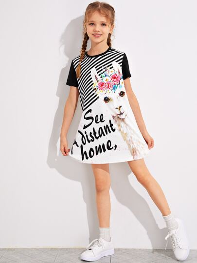 فستان مخطط بجرافيك شعار وحيوان للبنات