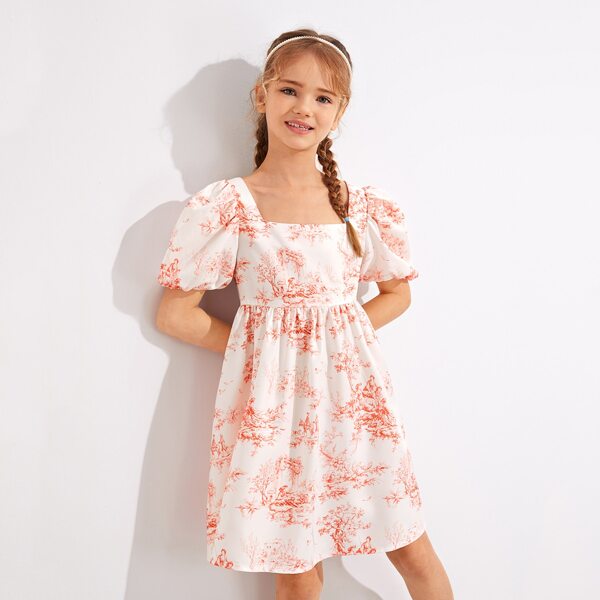 

Girls Puff Sleeve Landscape Print Dress, White